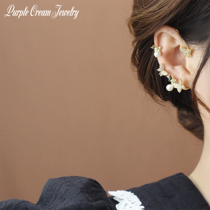 Purple Cream Butterfly Pearl Ear Cuff GOLD P1049