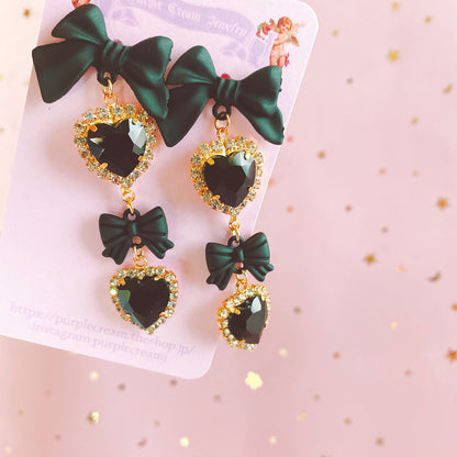 Purple Cream Black Ribbon &amp; Heart Earrings P1002