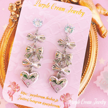 Purple Cream Ribbon &amp; Heart Earrings P1128