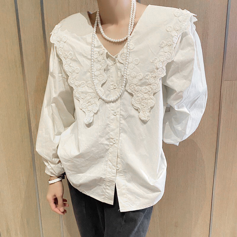 Lace big collar cotton blouse WHITE
