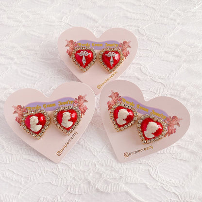 Purple Cream Cameo Heart Earrings Red P943