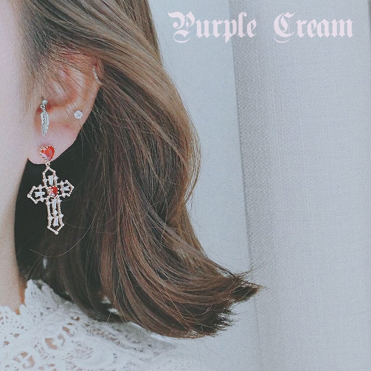 Purple Cream Bijou Cross Earrings P122 REDVELVET Joy Yeri Earrings