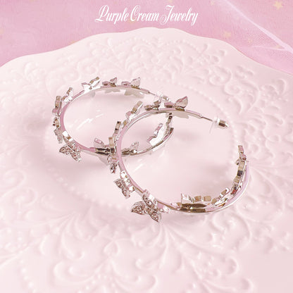 Purple Cream Stone Butterfly Hoop Earrings P1188
