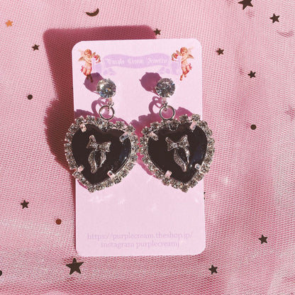Purple Cream Big Black Heart Earrings P995