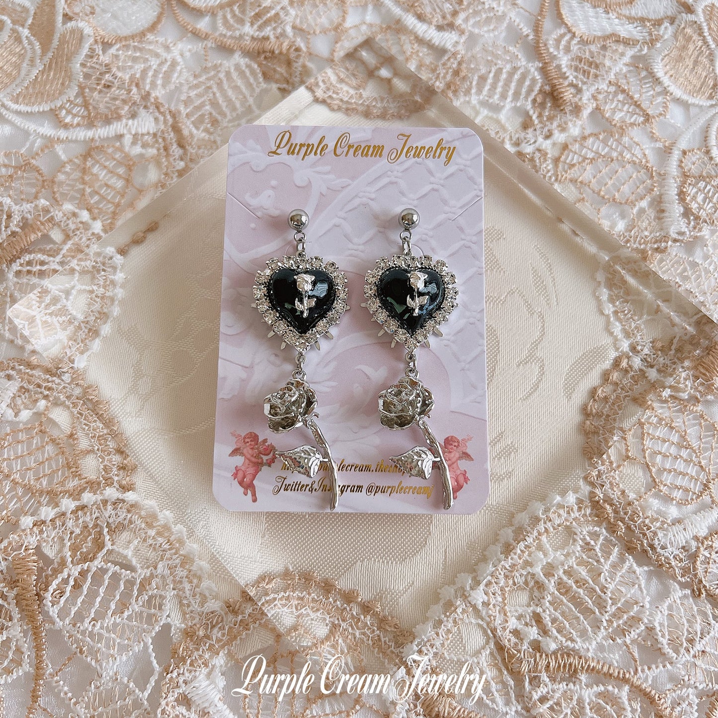 Purple Cream Girly White Rose Earrings SILVER P1275