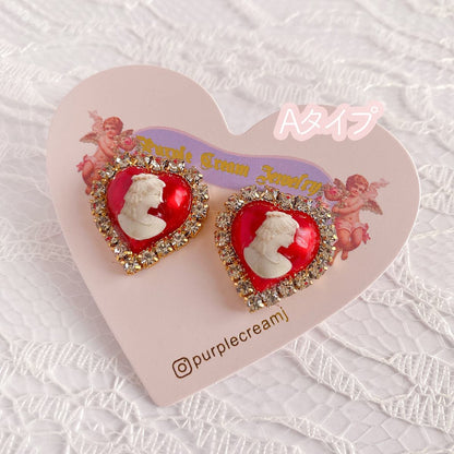 Purple Cream Cameo Heart Earrings Red P943