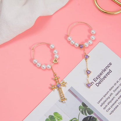 Purple Cream Purple Heart Pearl Cross Hoop Earrings P400
