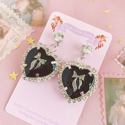 Purple Cream Big Black Heart Earrings P995