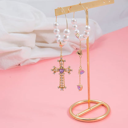Purple Cream Purple Heart Pearl Cross Hoop Earrings P400
