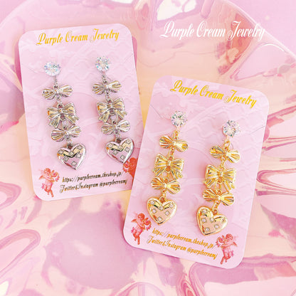 Purple Cream Ribbon &amp; Heart Earrings P1128