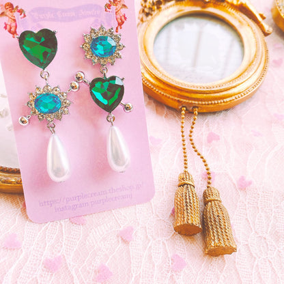 Purple Cream グリーンハート&ブルービジューピアス P634