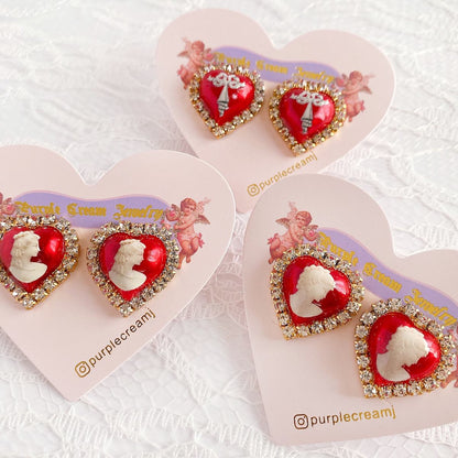 Purple Cream Cameo Heart Earrings Red P943