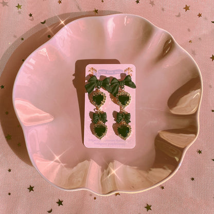 Purple Cream Black Ribbon &amp; Heart Earrings P1002