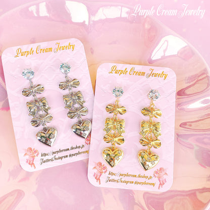 Purple Cream Ribbon &amp; Heart Earrings P1128