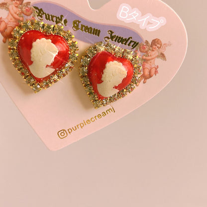 Purple Cream Cameo Heart Earrings Red P943