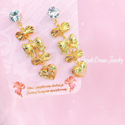 Purple Cream Ribbon &amp; Heart Earrings P1128