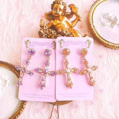 Purple Cream Rhinestone Cross Earrings P038