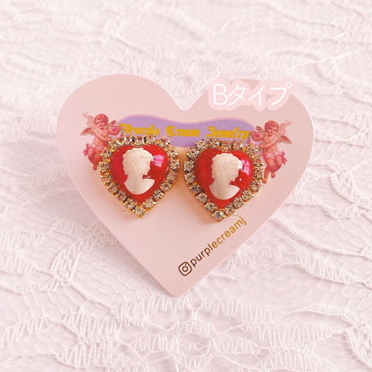 Purple Cream Cameo Heart Earrings Red P943
