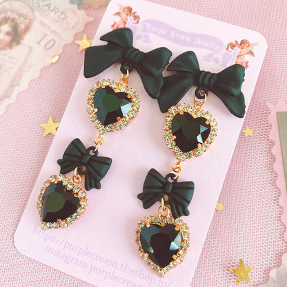 Purple Cream Black Ribbon &amp; Heart Earrings P1002