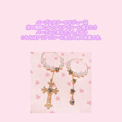 Purple Cream Purple Heart Pearl Cross Hoop Earrings P400