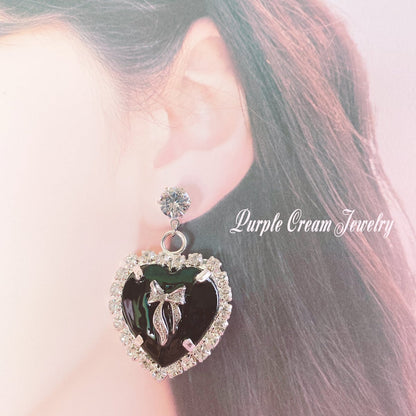 Purple Cream Big Black Heart Earrings P995