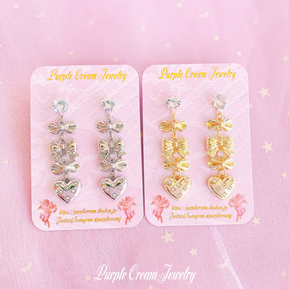 Purple Cream Ribbon &amp; Heart Earrings P1128