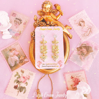 Purple Cream Ribbon &amp; Heart Earrings P1128