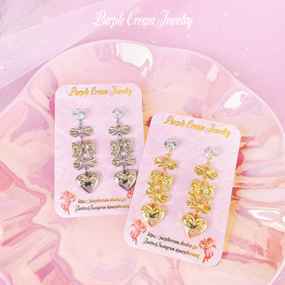 Purple Cream Ribbon &amp; Heart Earrings P1128