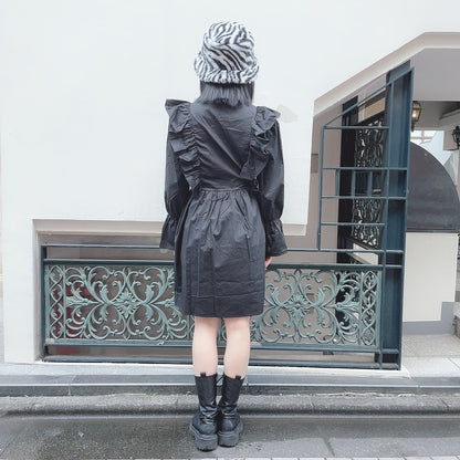 Vネックフリルサイドリボンワンピース BLACK