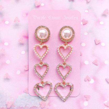 Purple Cream Pearl &amp; Heart Lovely Long Earrings P098