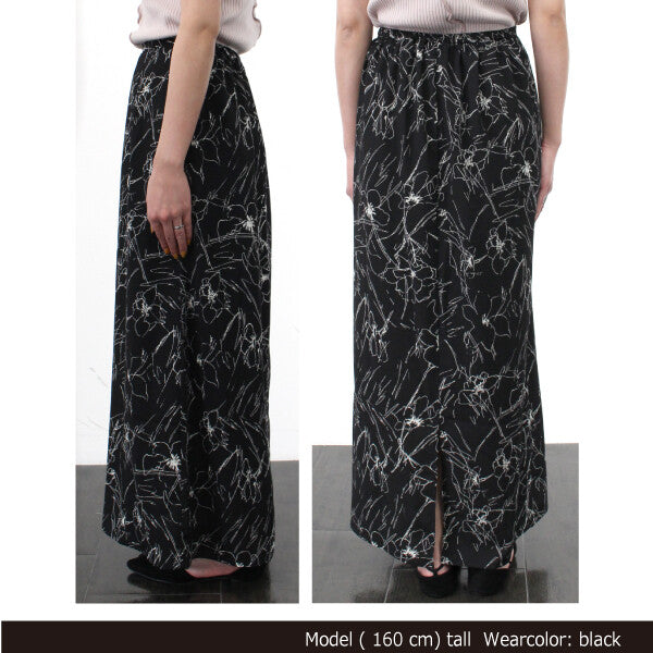 Flower Print Straight Maxi Skirt BLACK