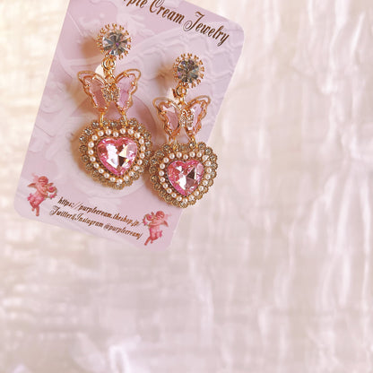 Purple Cream Butterfly Heart Earrings P1291