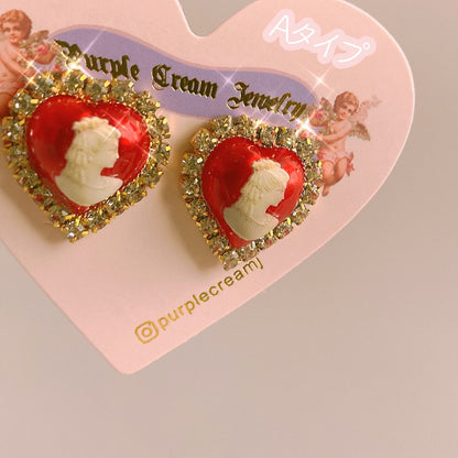 Purple Cream Cameo Heart Earrings Red P943