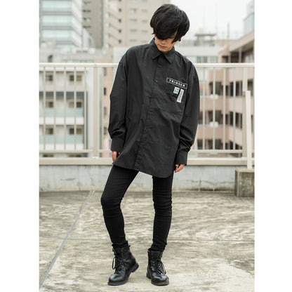 BIGシルエット パッチ 長袖 ブロードシャツ BLACK