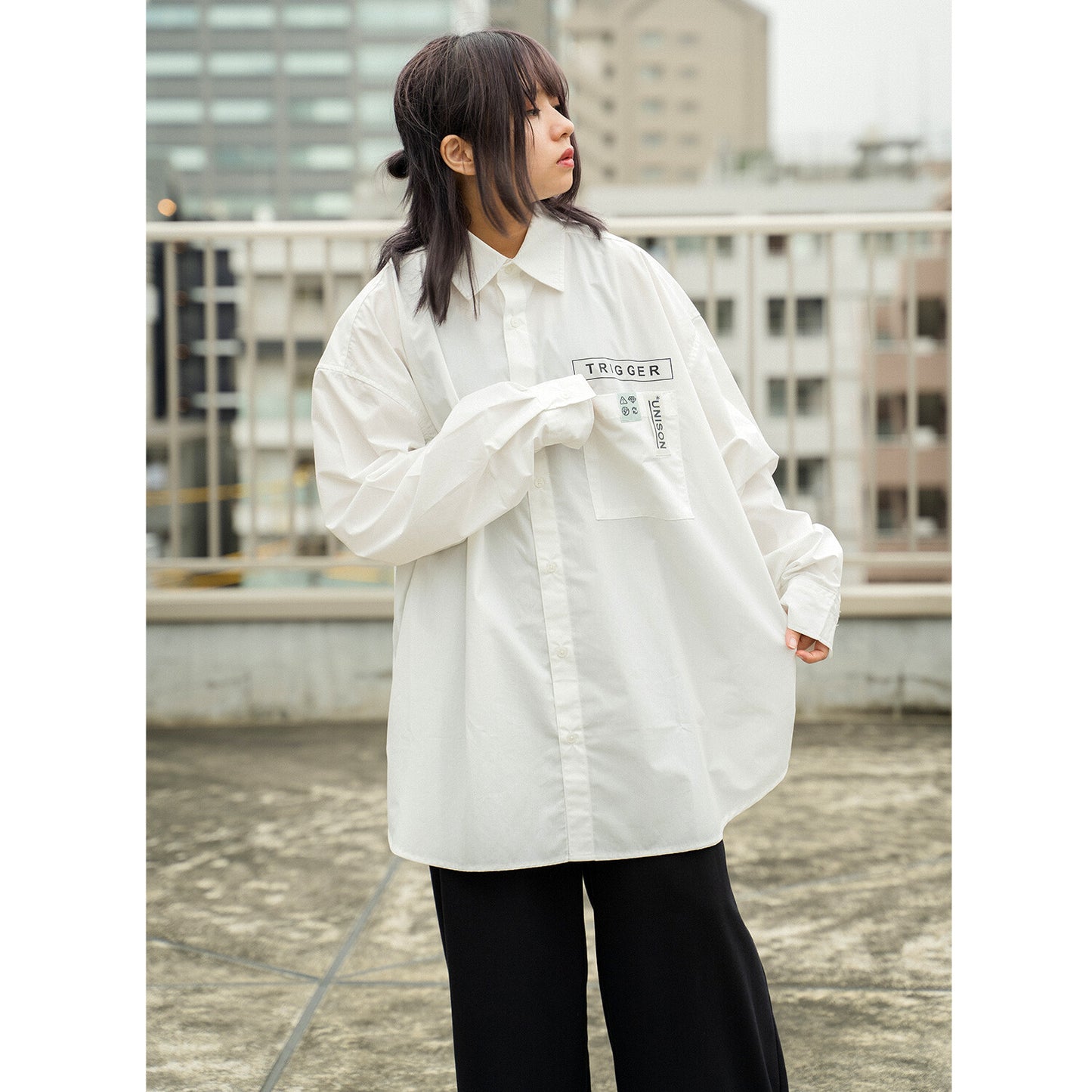 BIG silhouette patch long sleeve broad shirt WHITE
