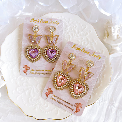 Purple Cream Butterfly Heart Earrings P1291