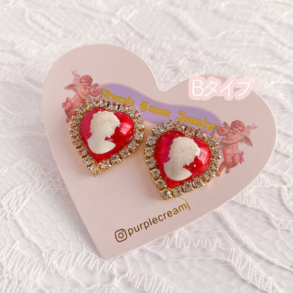 Purple Cream Cameo Heart Earrings Red P943