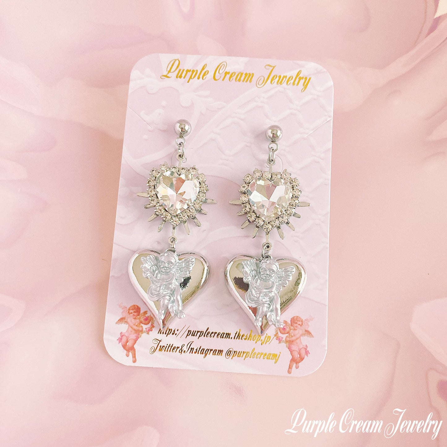Purple Cream Silver Heart Angel Earrings P1170