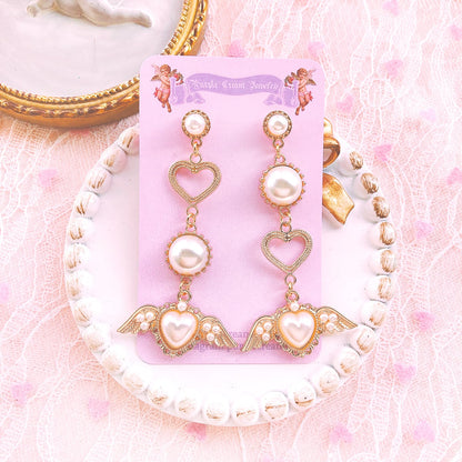 Purple Cream Pearl Heart Wing Earrings P538