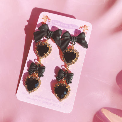 Purple Cream Black Ribbon &amp; Heart Earrings P1002