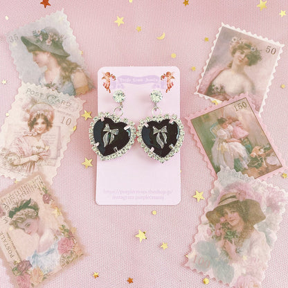 Purple Cream Big Black Heart Earrings P995