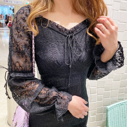 総レース ミニ丈 シアーフリル ミニワンピース BLACK