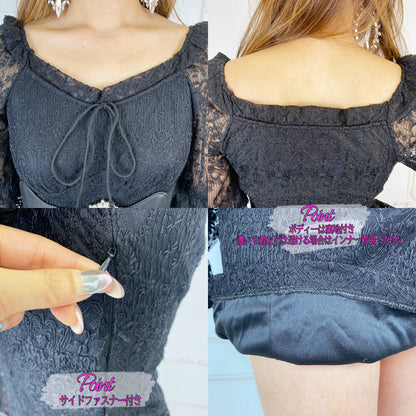 総レース ミニ丈 シアーフリル ミニワンピース BLACK