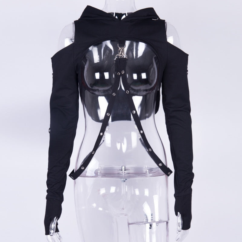 Open Shoulder Gothic Hoodie BLACK