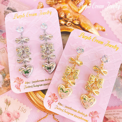 Purple Cream Ribbon &amp; Heart Earrings P1128