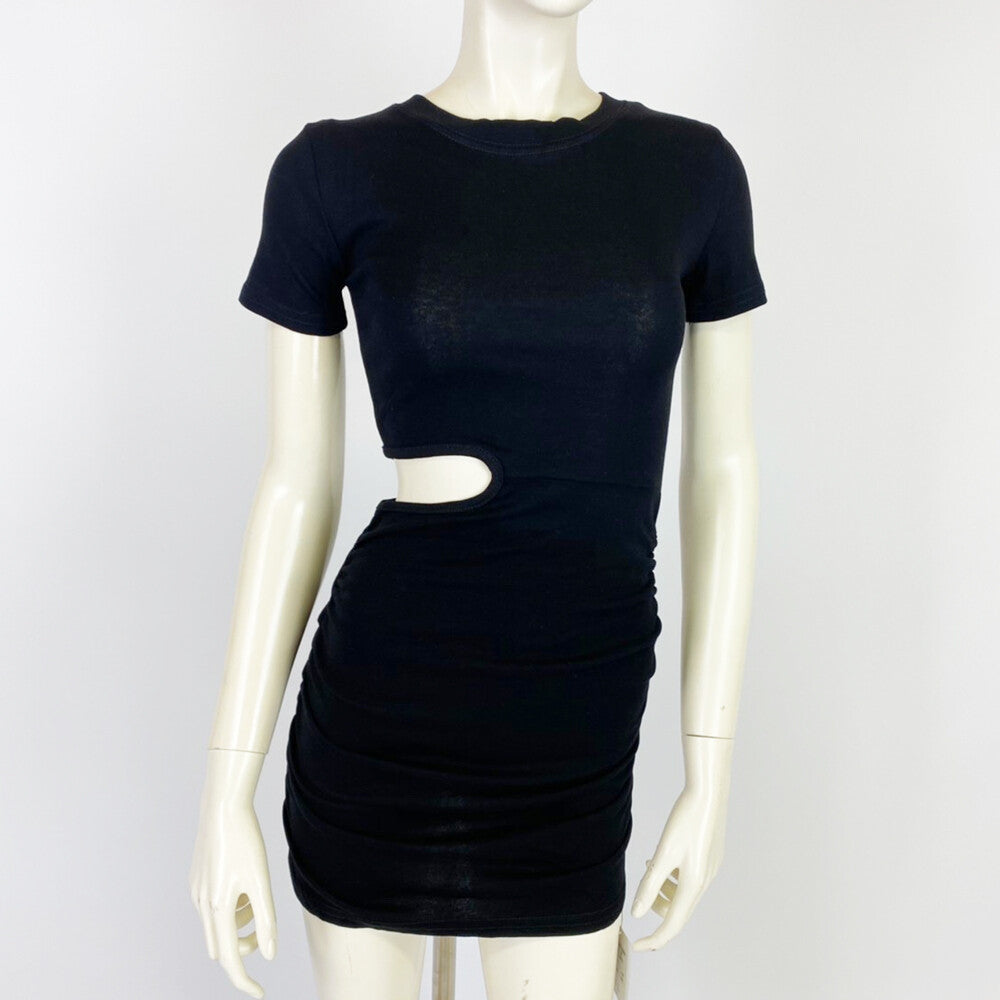 Side cut mini length short sleeve dress BLACK