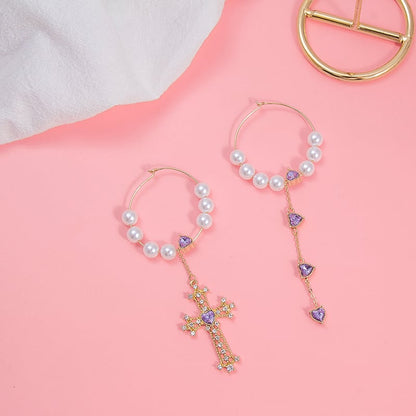 Purple Cream Purple Heart Pearl Cross Hoop Earrings P400