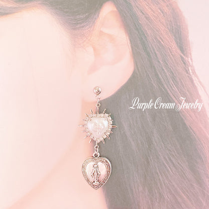 Purple Cream Heart Medal Earrings P1171 SILVER