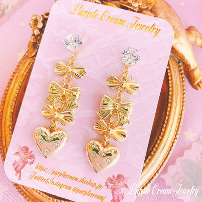 Purple Cream Ribbon &amp; Heart Earrings P1128