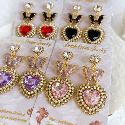 Purple Cream Butterfly Heart Earrings P1291